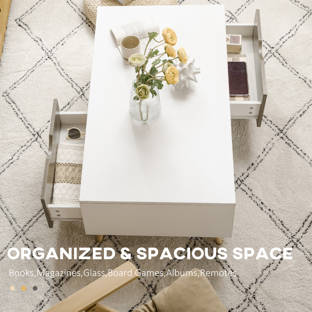 Modern Coffee Tables for Living Room w/ Storage Shelves, 2 Drawers, White