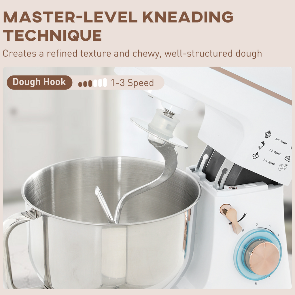 HOMCOM Electric Stand Mixer, 5L Food Mixer with Dough Hook, Whisk, White