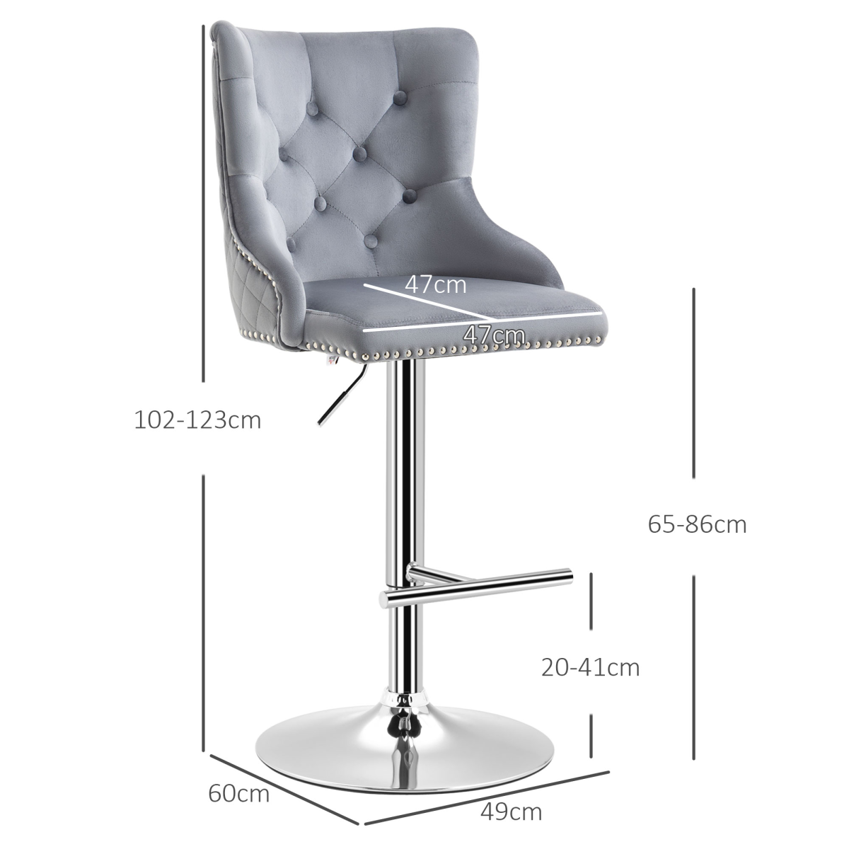 HOMCOM Adjustable Bar Stools Set of 2, Swivel Bar Chairs w/ Back Footrest, Grey