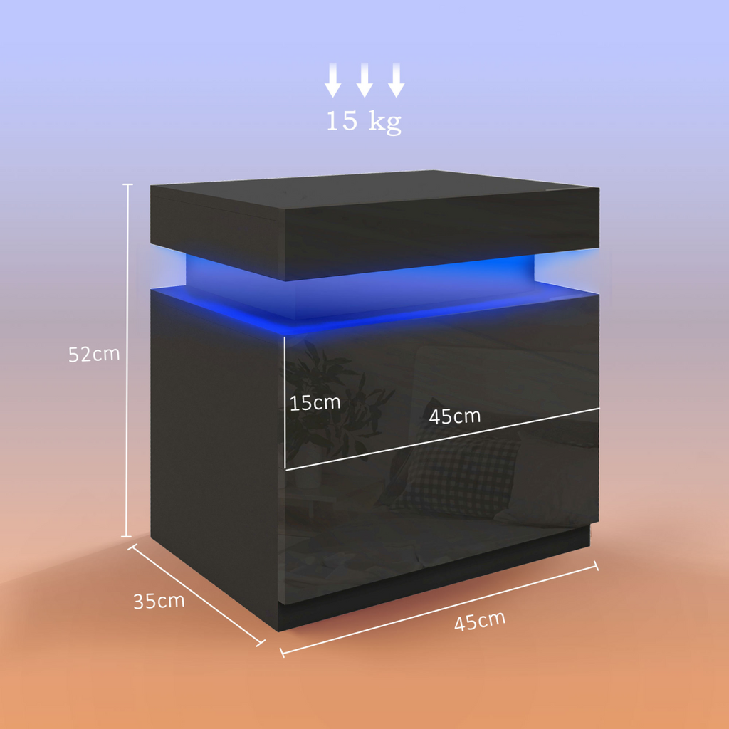 HOMCOM High Gloss Bedside Table with LED Light and 2 Drawers, Black