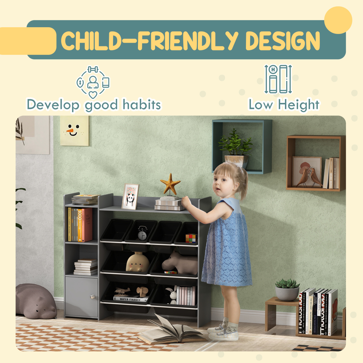 AIYAPLAY Toy Storage Unit with 8 Removable Bins, Storage Shelves, Cabinet