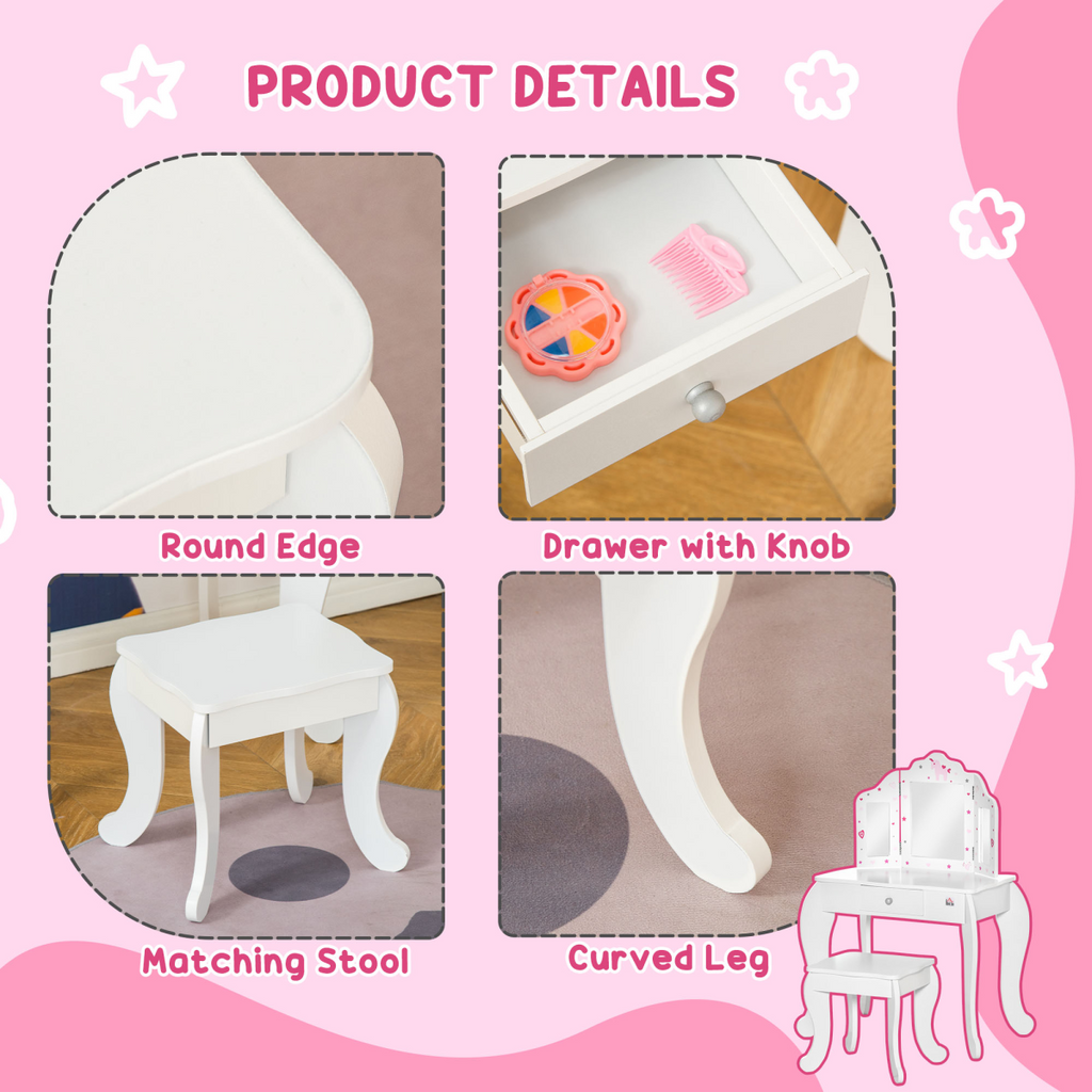 Kids Vanity Table & Stool Girls Dressing Set w/ Rotatable Mirror Drawer HOMCOM