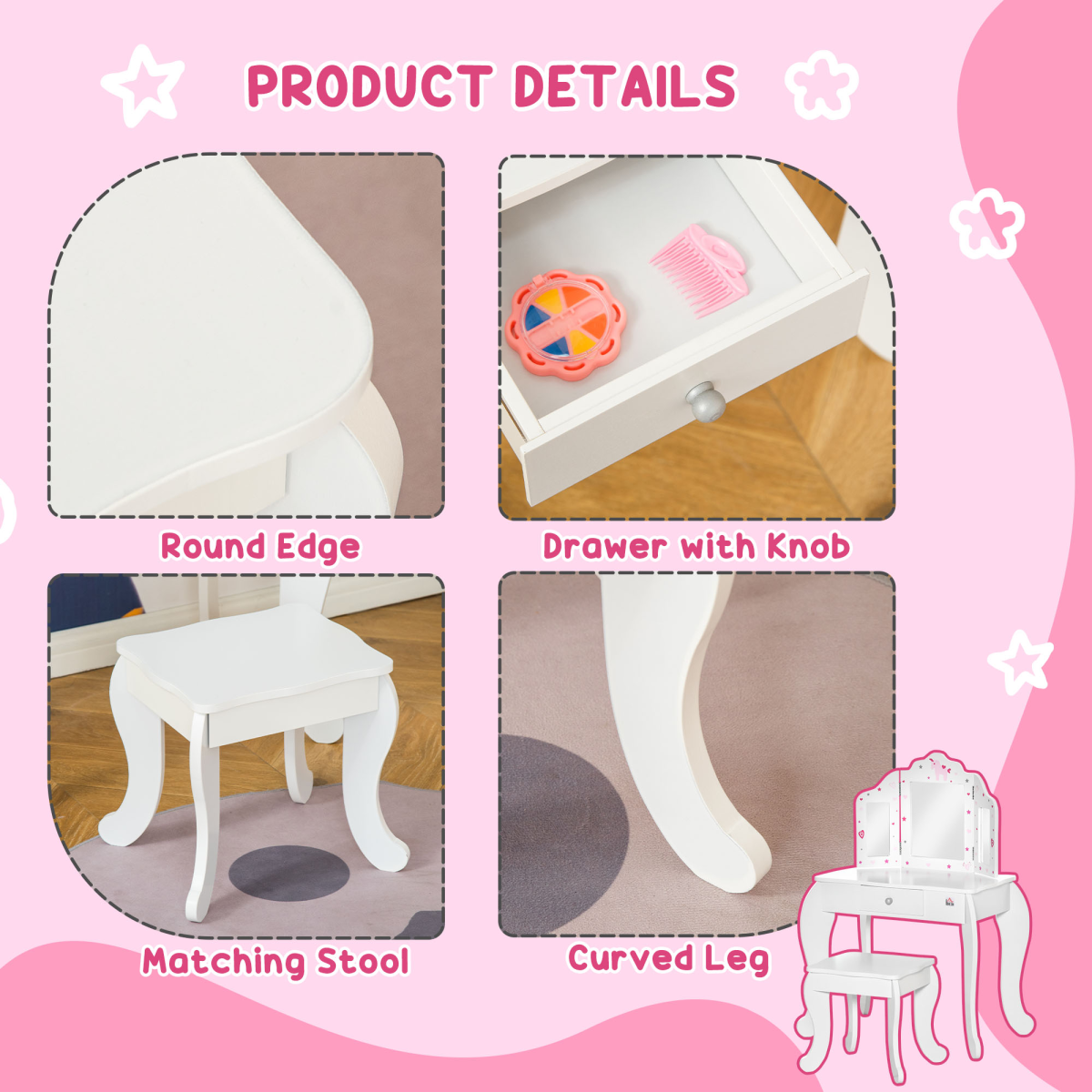 Kids Vanity Table & Stool Girls Dressing Set w/ Rotatable Mirror Drawer HOMCOM