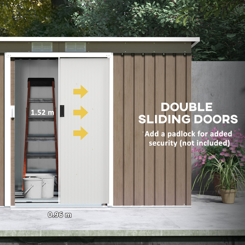 Outsunny 9 x 4FT Metal Garden Storage Shed w/ 2 Door, Light Grey Wood Grain