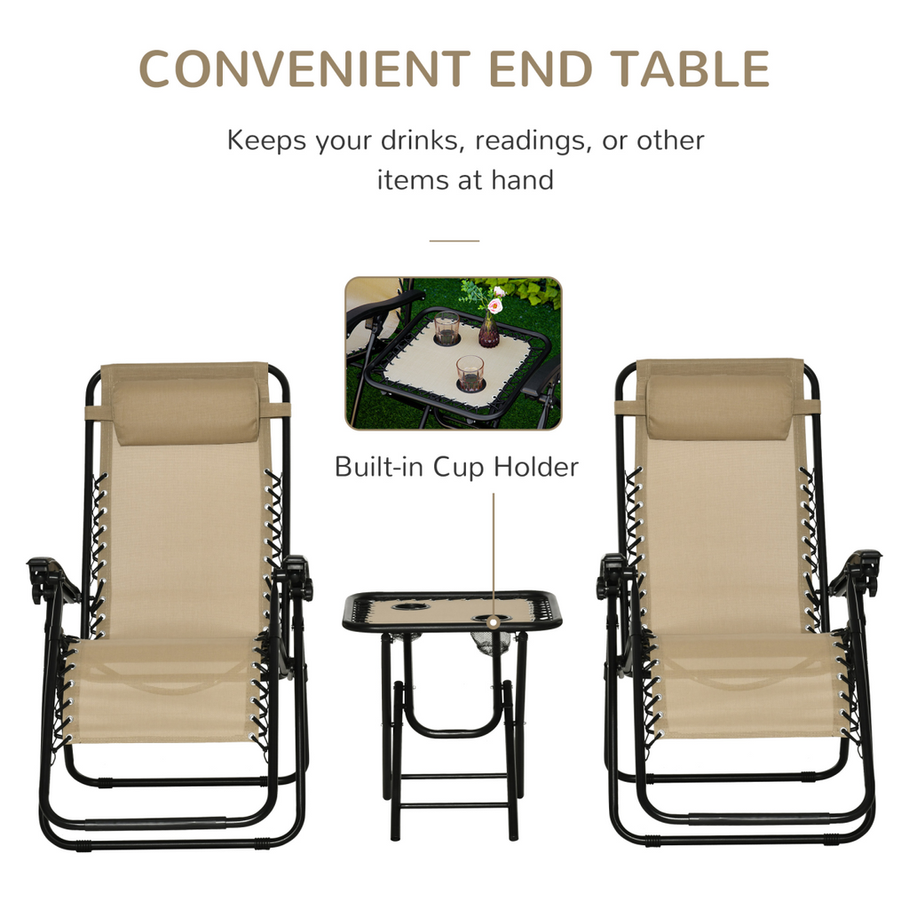 3PC Zero Gravity Chairs Sun Lounger Table Set w/ Cup Holders, Beige Outsunny
