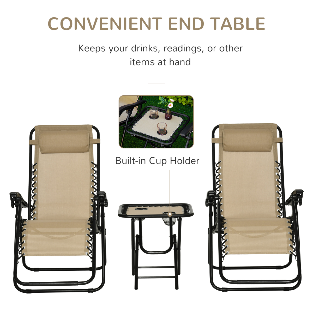 3PC Zero Gravity Chairs Sun Lounger Table Set w/ Cup Holders, Beige Outsunny