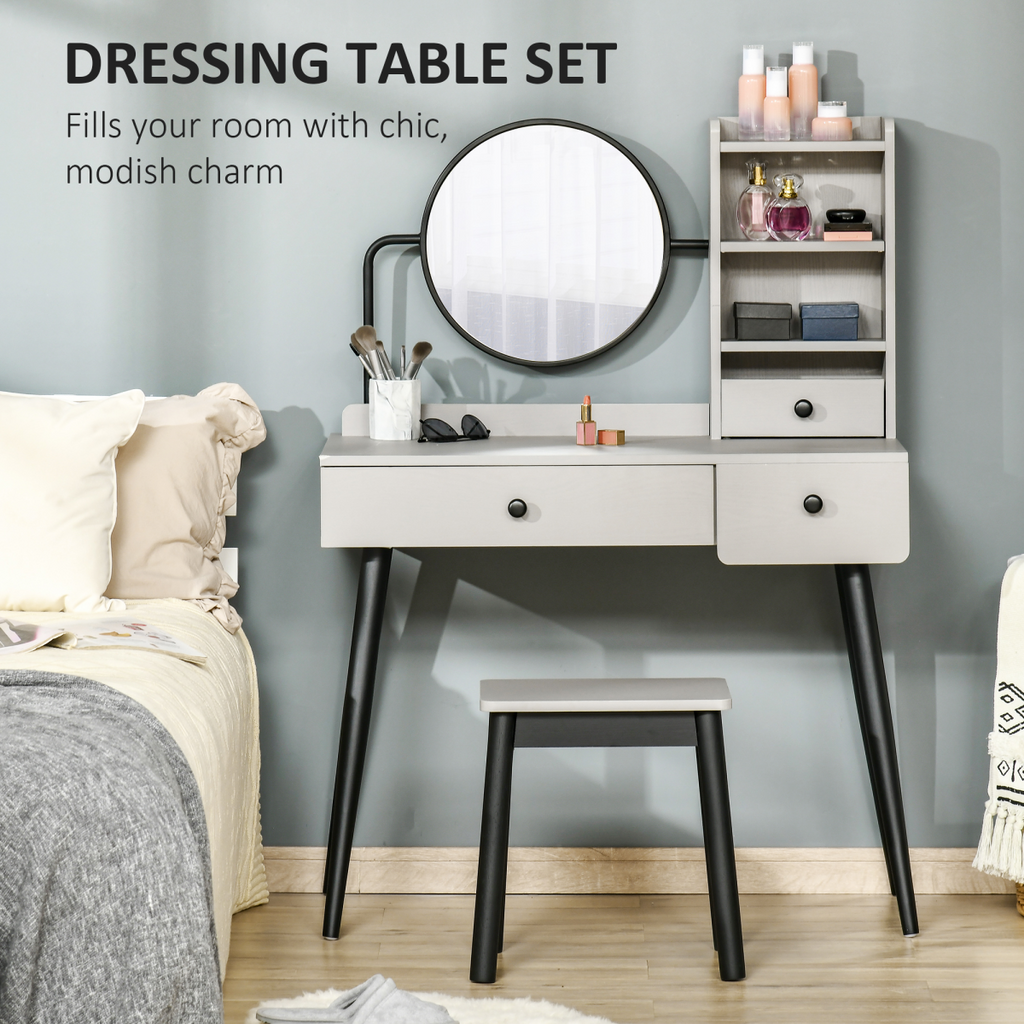 Dressing Table Set with 3 Drawers, Storage shelves and Stool, Grey