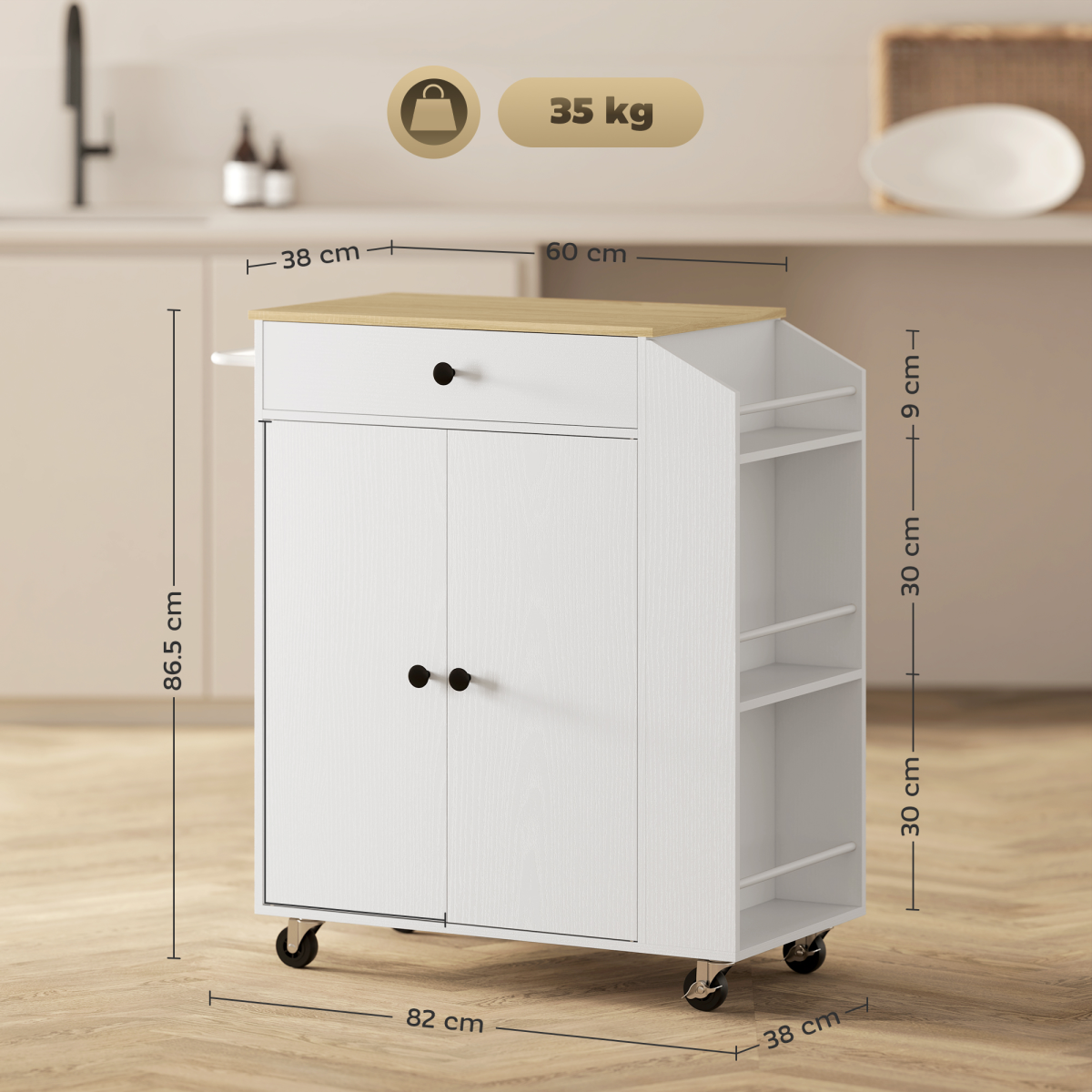 HOMCOM Kitchen Island with 3-Tier Spice Rack, Kitchen Cart with Towel Rack