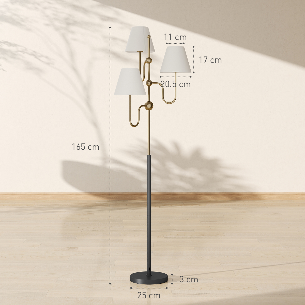 HOMCOM 3-Light Floor Lamp, 165 cm Tall Standing Lamp with Foot Switch