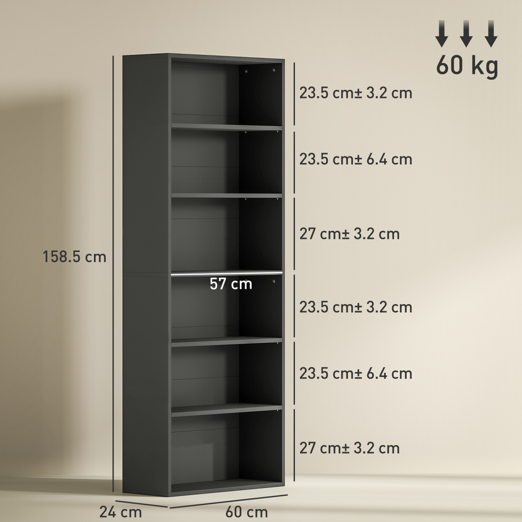HOMCOM 6 Tier Bookshelf, Freestanding Bookcase with Adjustable Shelves, Black