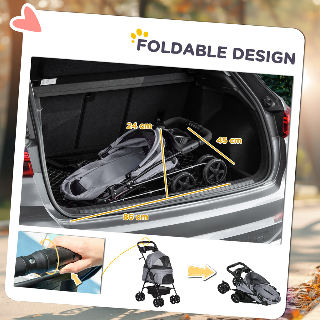 Pet Stroller No-Zip Foldable Travel Carriage with Brake Basket Adjustable Canopy