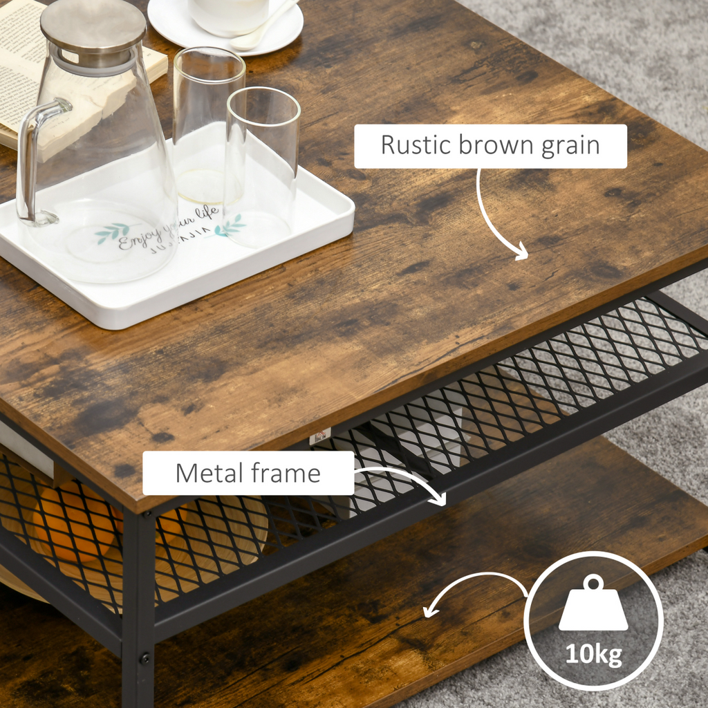 HOMCOM Industrial Coffee Table, Cocktail Table  Storage Shelves, Rustic Brown