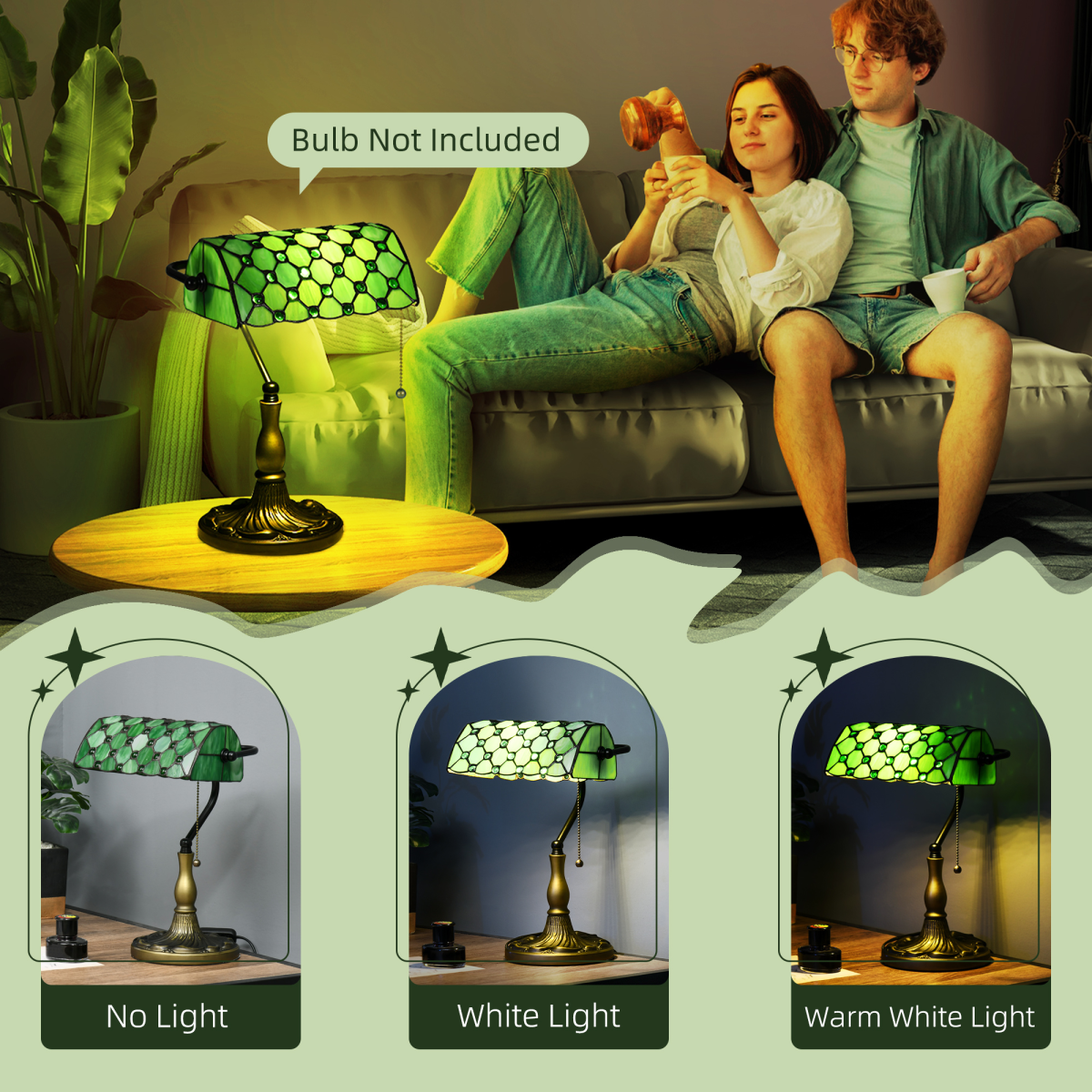 HOMCOM Stained Glass Table Lamp, for Bedroom Bedside, Bulb not Included