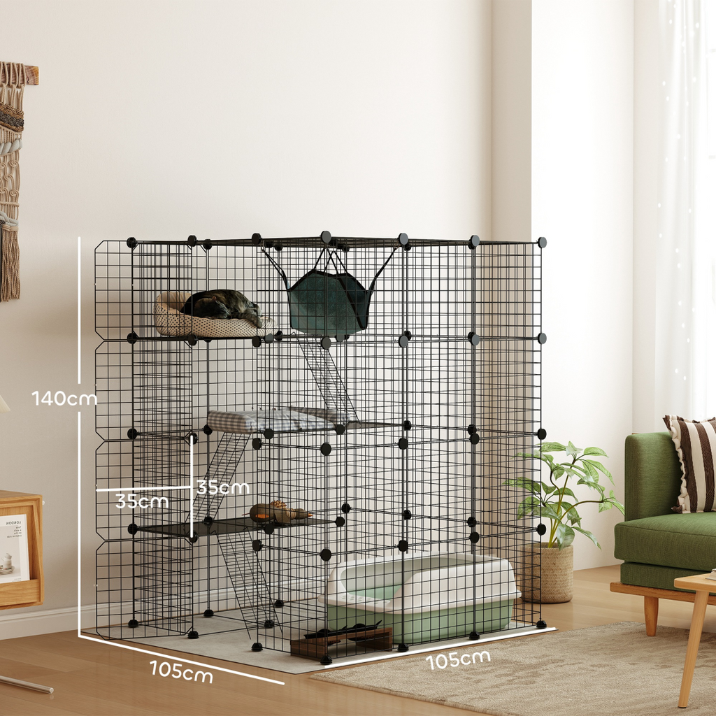 PawHut DIY 4 Tier Cat Cage Indoor with Hammock, Ramps, Doors, for 1-3 Cats