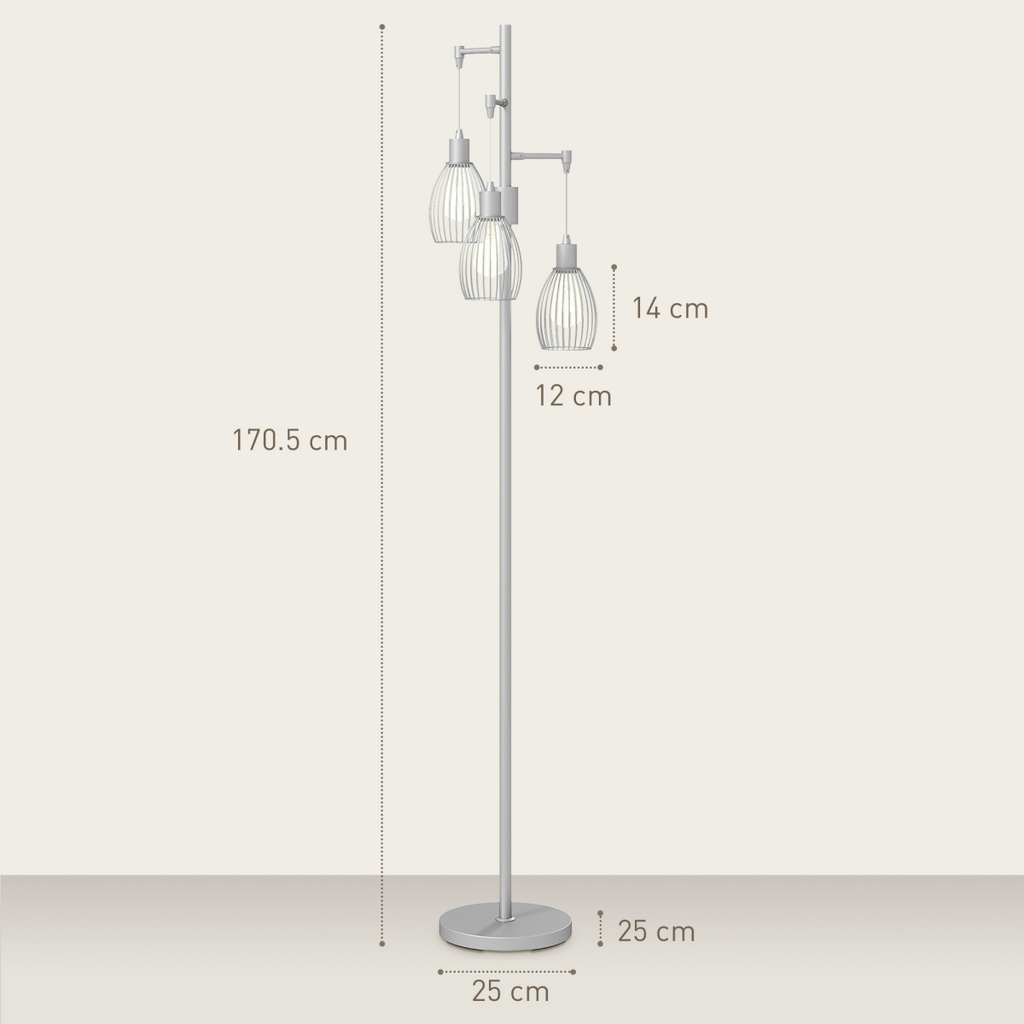 HOMCOM Industrial 3-Light Floor Lamp Dimmable Standing Lamp, Silver Tone