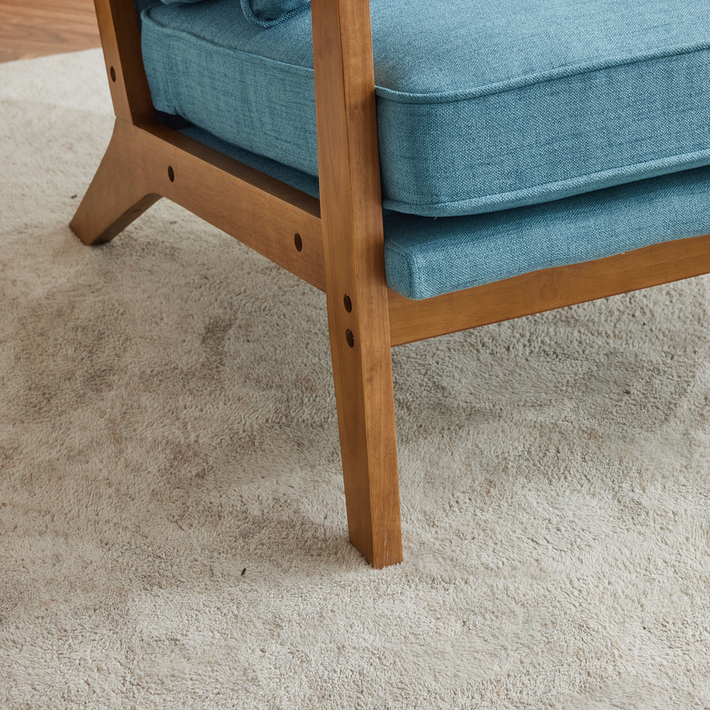 Mid-Century Oak Accent Chair - Linen-Cotton Navy Blue Upholstered Single Lounge Chair, Indoor Armchair with Sturdy Wood Frame (330LBS Weight Capacity)