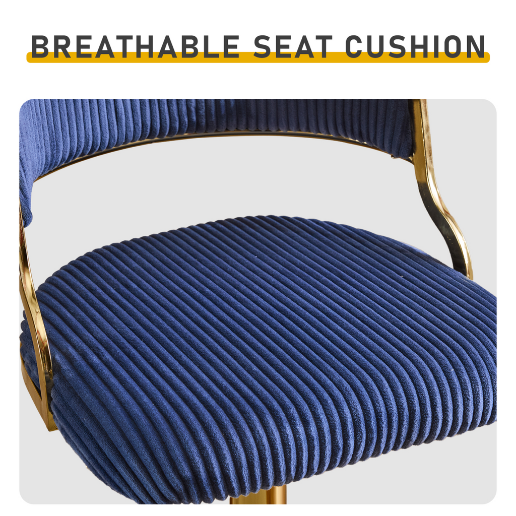 2pcs Blue Corduroy Swivel Bar Stools with Gold Plated Trumpet Base and Height