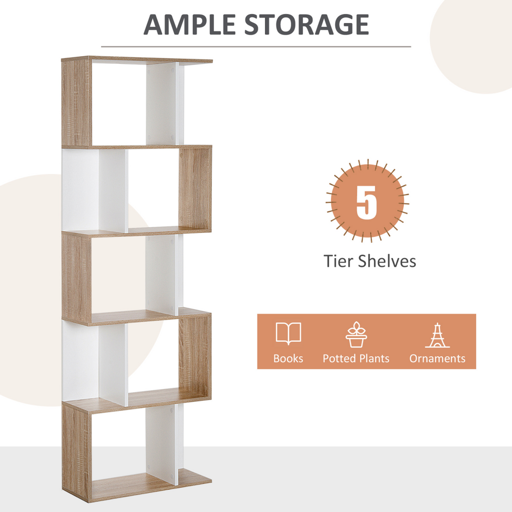 5-tier Display Shelving Storage Bookcase S Shape design Unit Natural