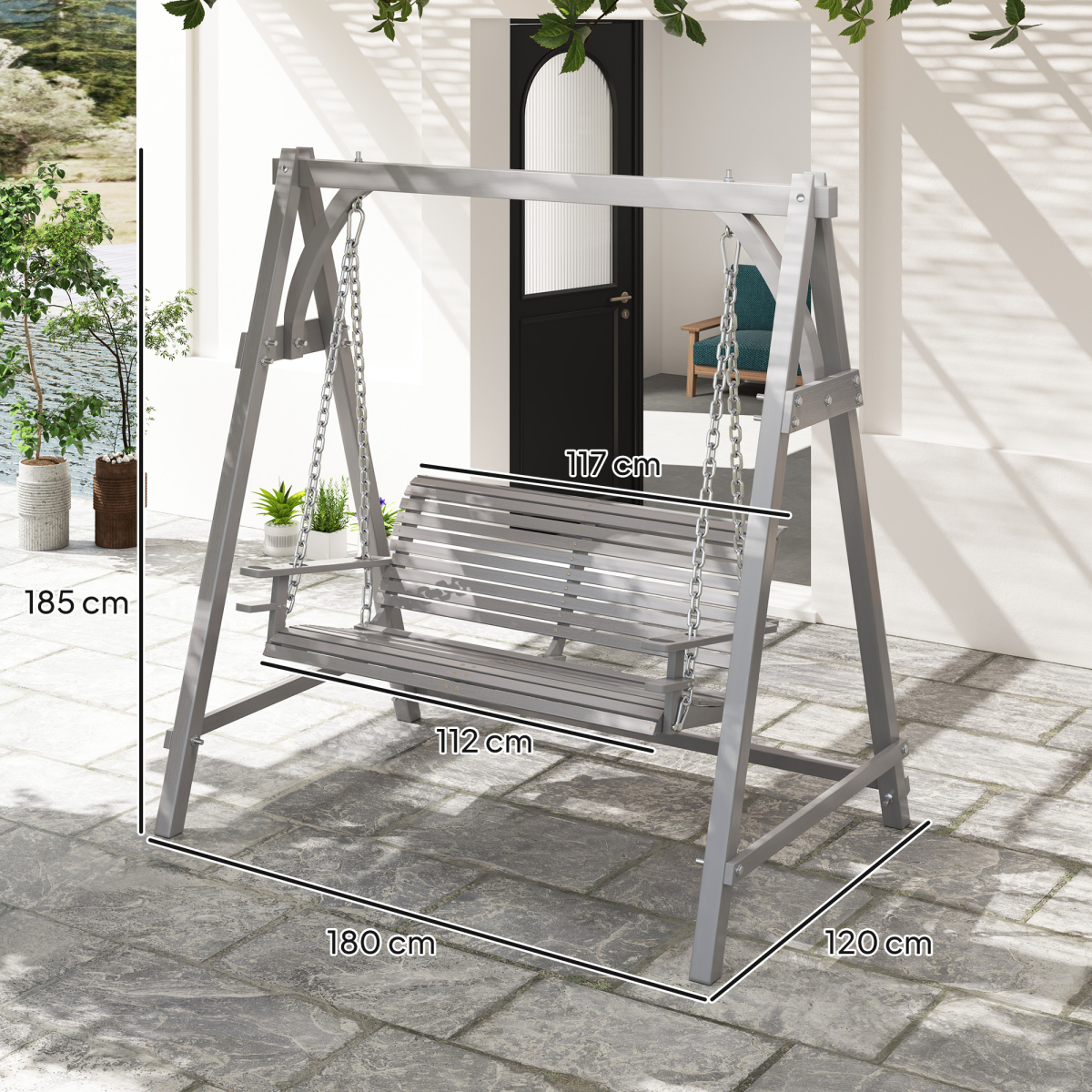 Outsunny 2 Seater Wooden Garden Swing Seat Hammock Bench Lounger, Grey