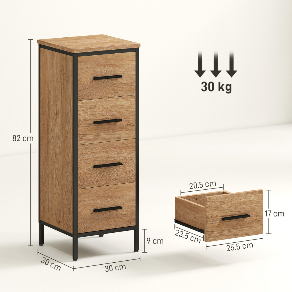 HOMCOM Narrow Bathroom Storage Cabinet with 4 Drawers for Small Spaces, Oak