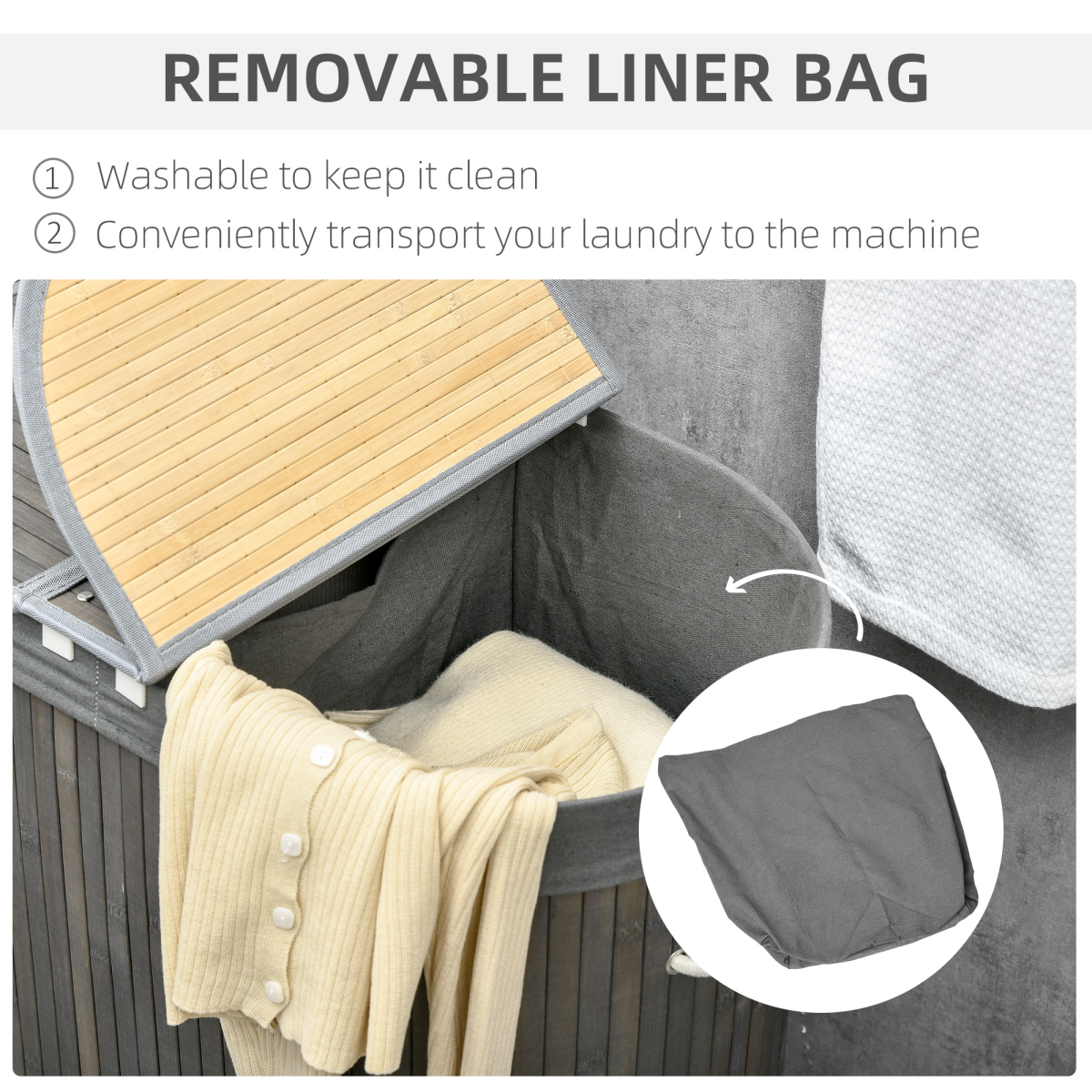 100L Bamboo Laundry Basket with 2 Compartments Washing Baskets Grey HOMCOM