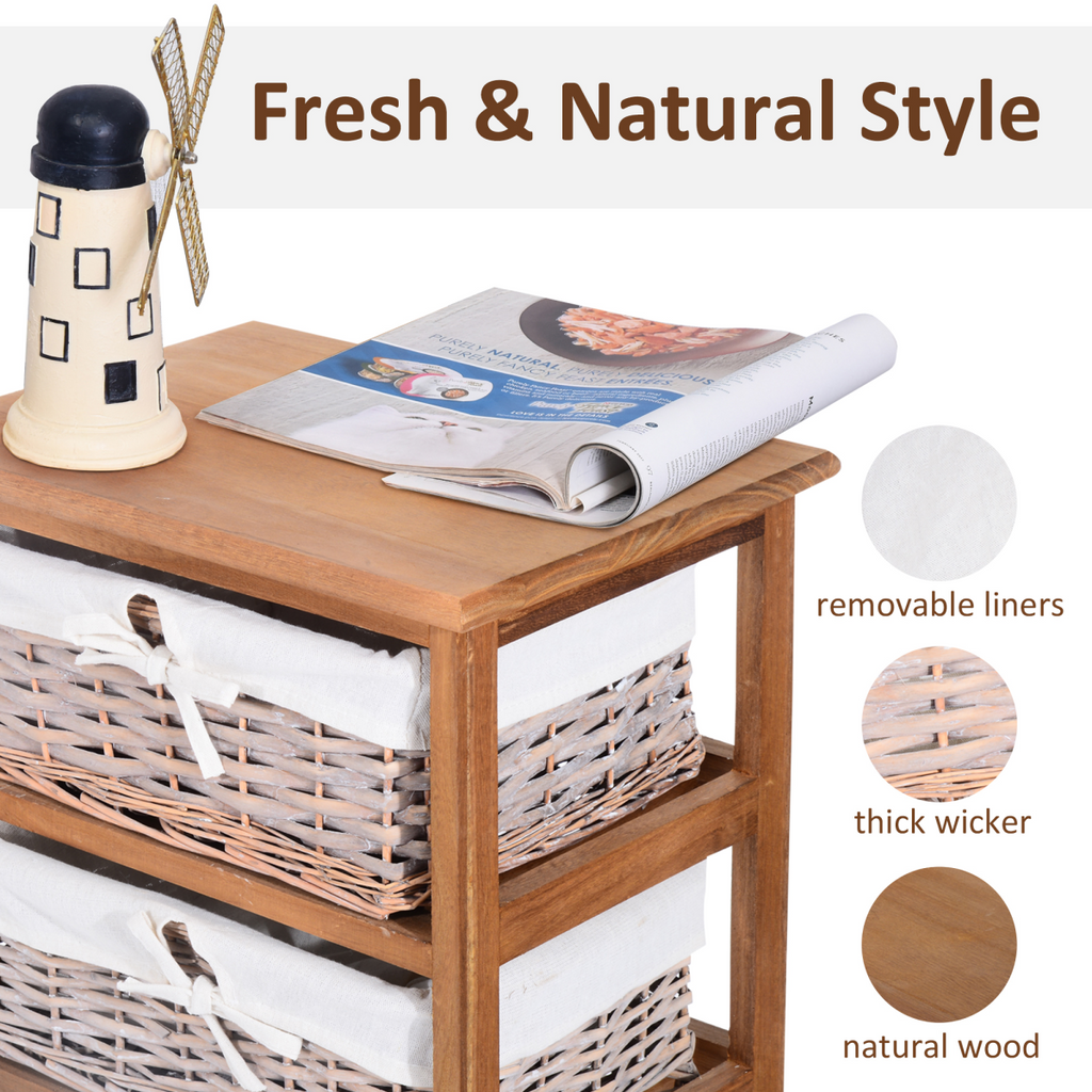 5-Drawers Storage Unit Wooden Frame with Wicker Woven Baskets
