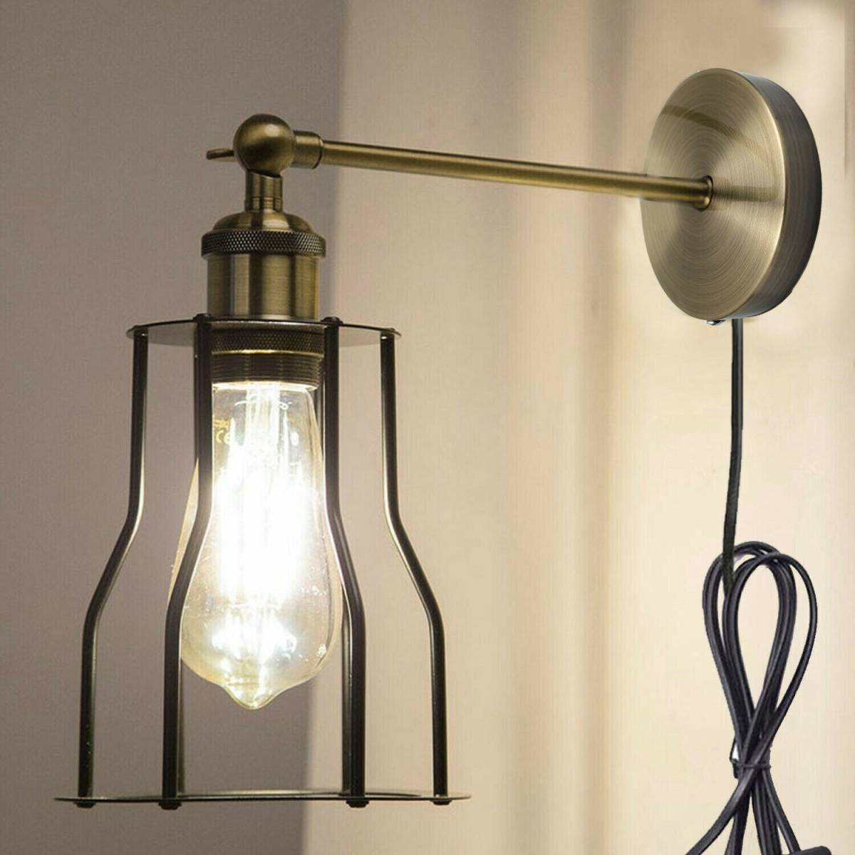 ?Black Industrial Plug-In Wall Sconce with Dimmer Adjustable Arm Lamp~2259