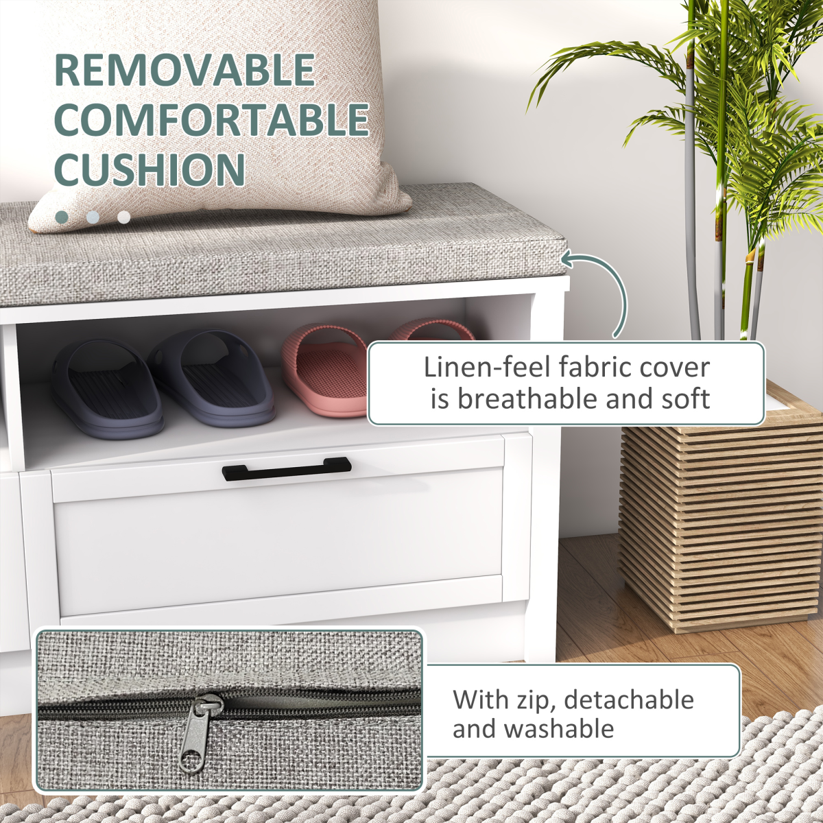 HOMCOM Shoe Bench with Removable Cushion, Open Compartments and Drawers