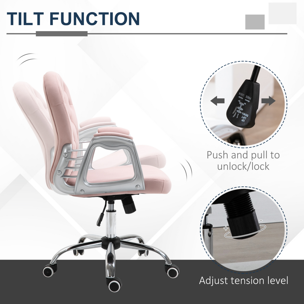 Office Chair Luxury Velour Diamond Tufted Padded Ergonomic 360 – Swivel Pink