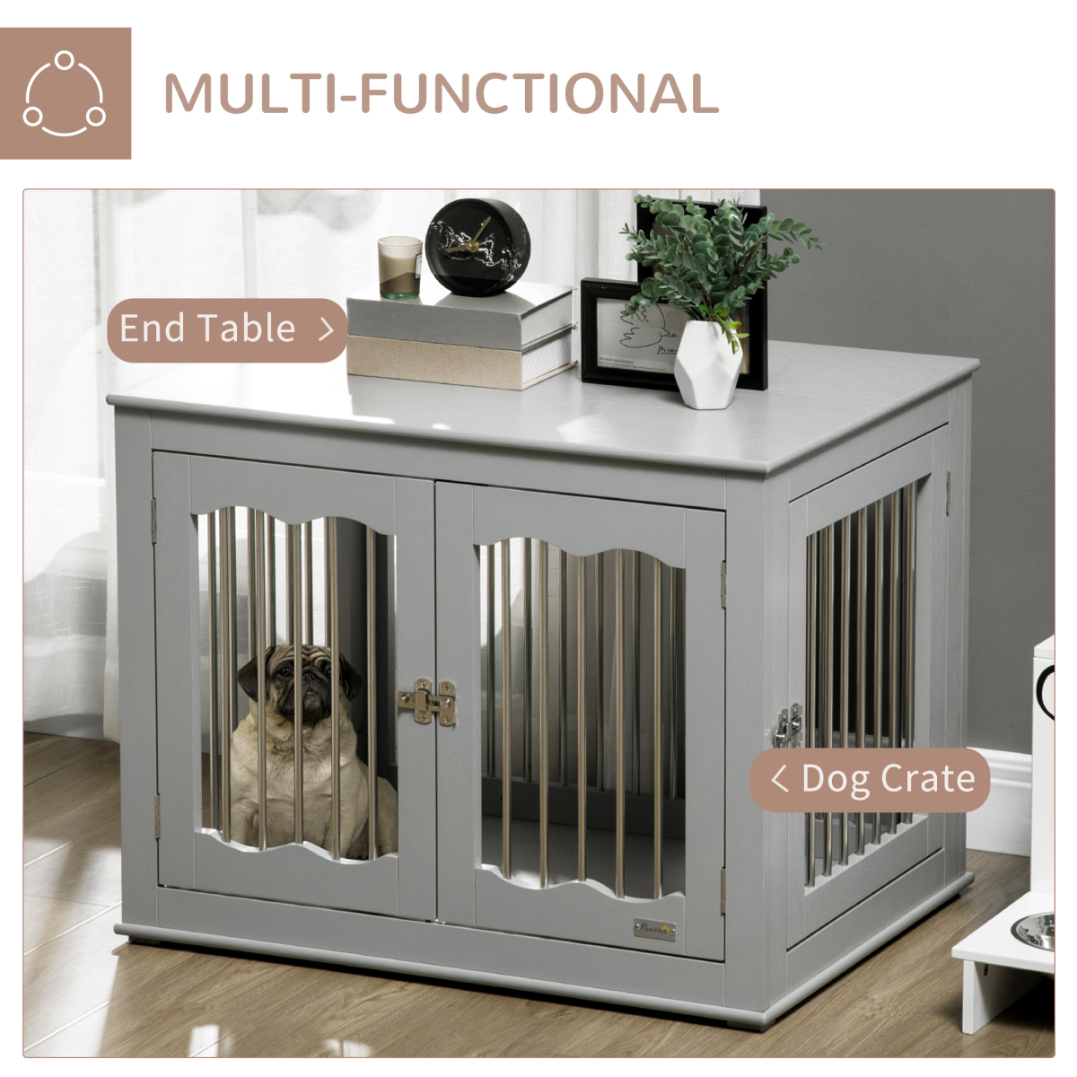 Wood Dog Crate Furniture W/ Three Doors, Locks & Latches, for Medium Dogs