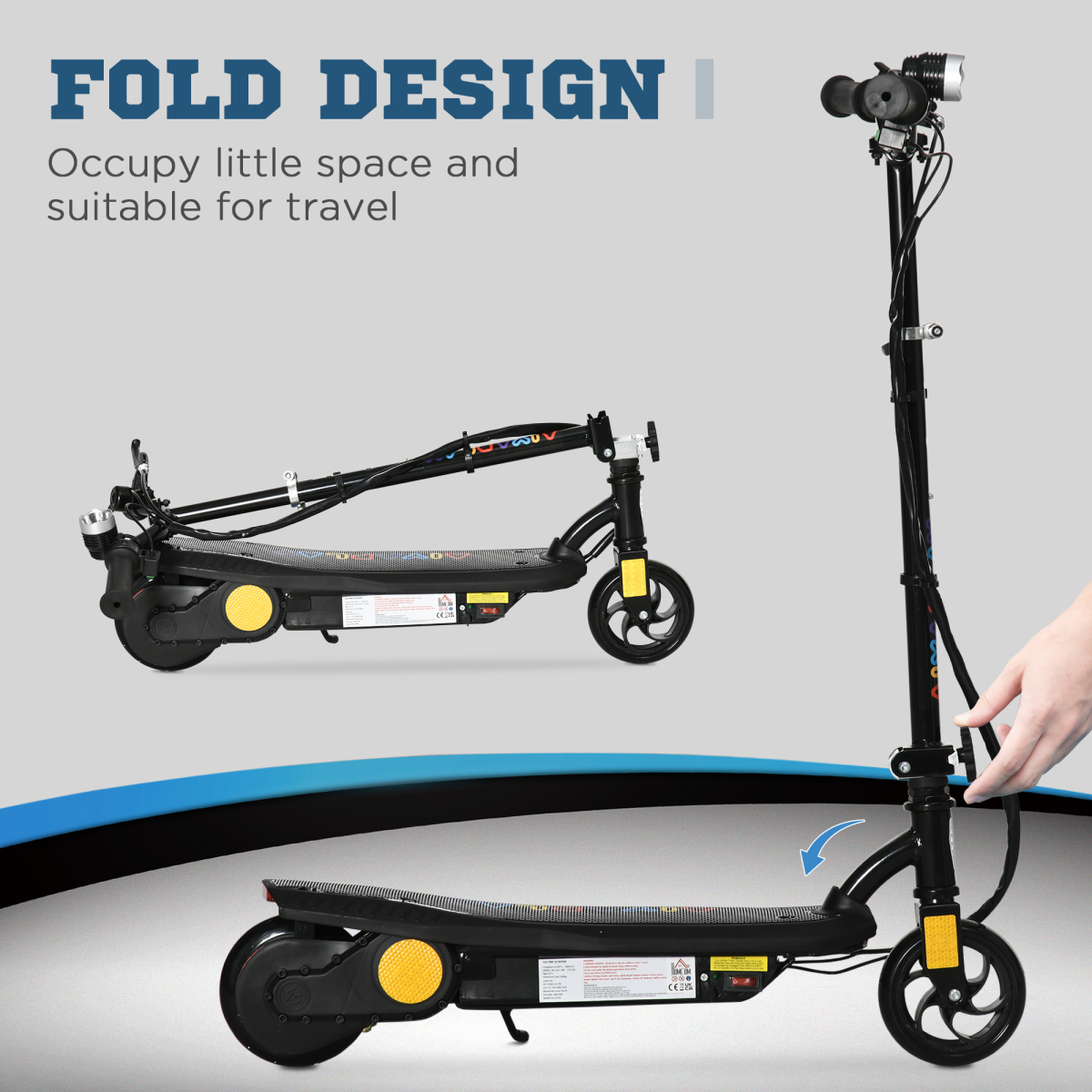 Folding Electric Scooter E-Scooter with LED Headlight, for Ages 7-14 Years - Black