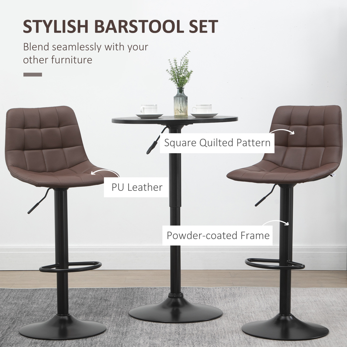 Set of 2, Adjustable Stools Swivel and Footrest for Home Pub Area, Brown