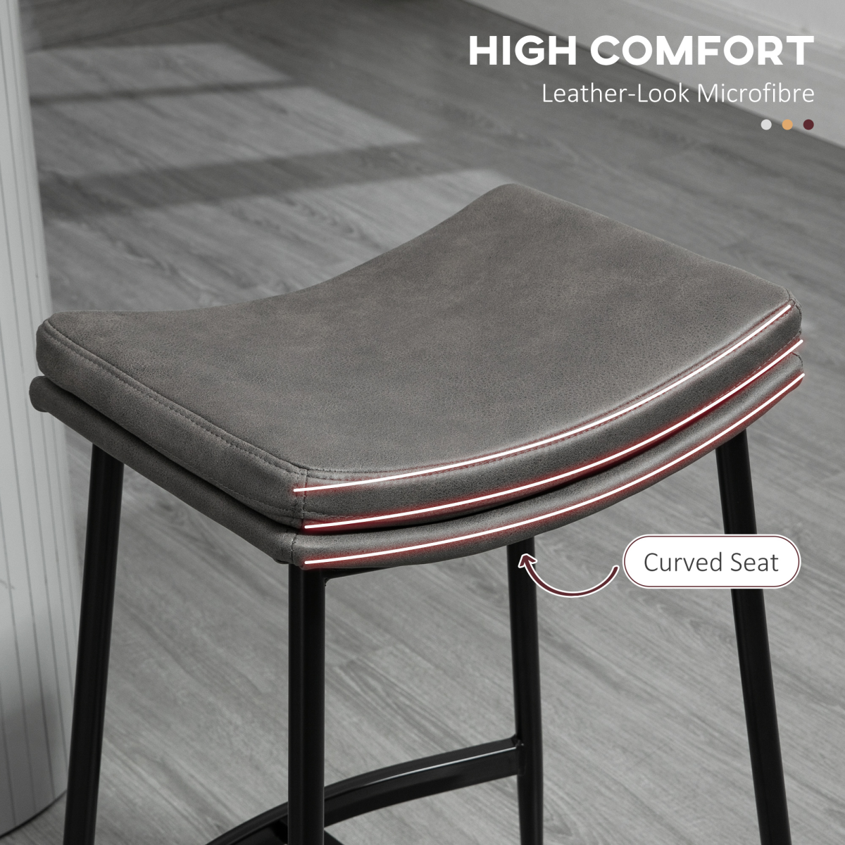 HOMCOM Breakfast Bar Stools Set of 2 Upholstered Barstools w/ Curved Seat Grey