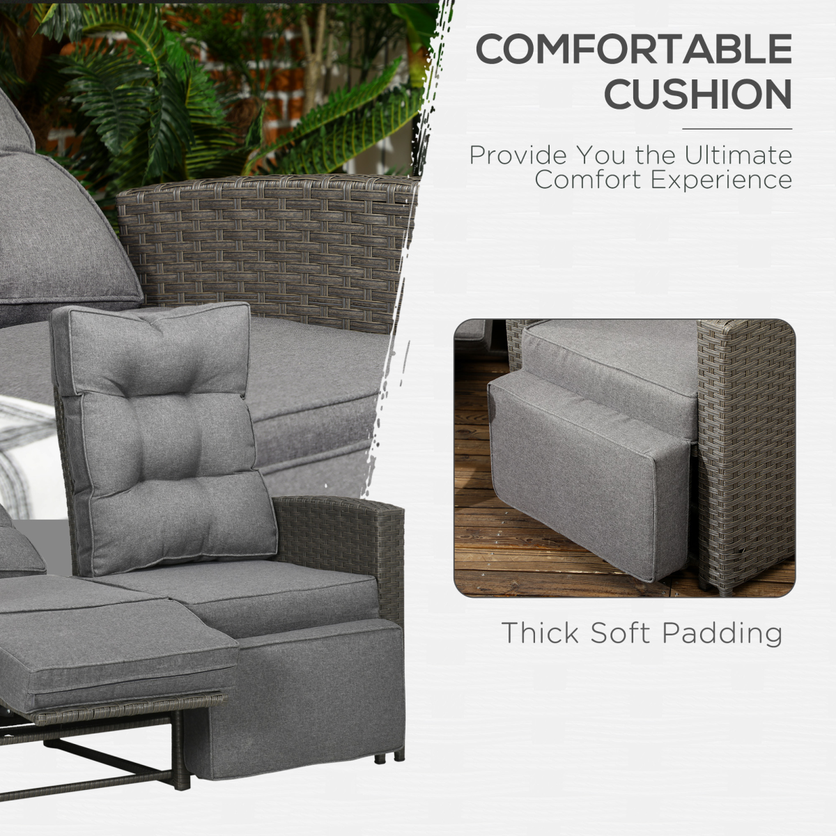 Outsunny 4 Piece Rattan Garden Furniture Set with Sofa, Glass Table, Grey