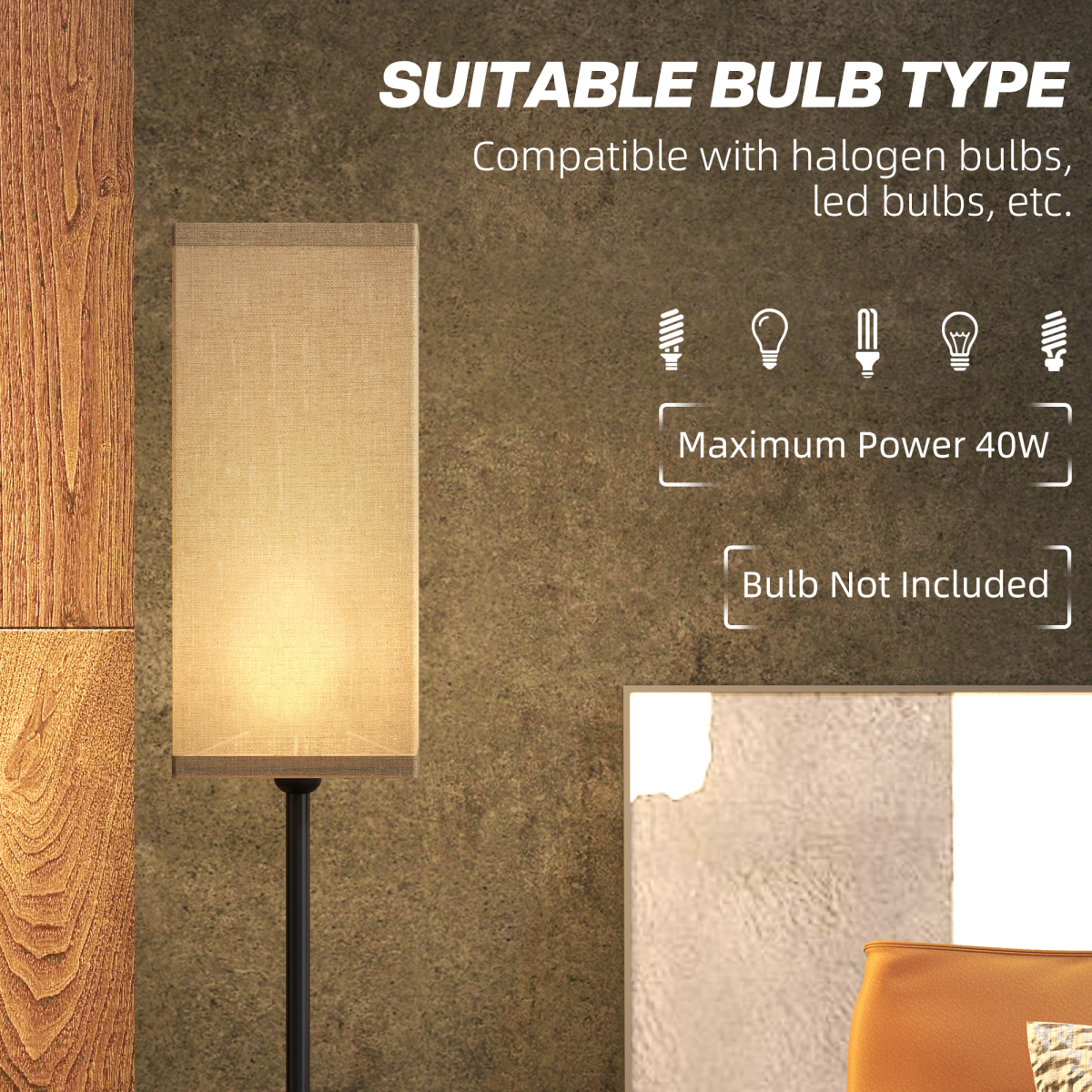 HOMCOM Standing Floor Lamp with Linen Shade for Living Room, Bedroom, Black
