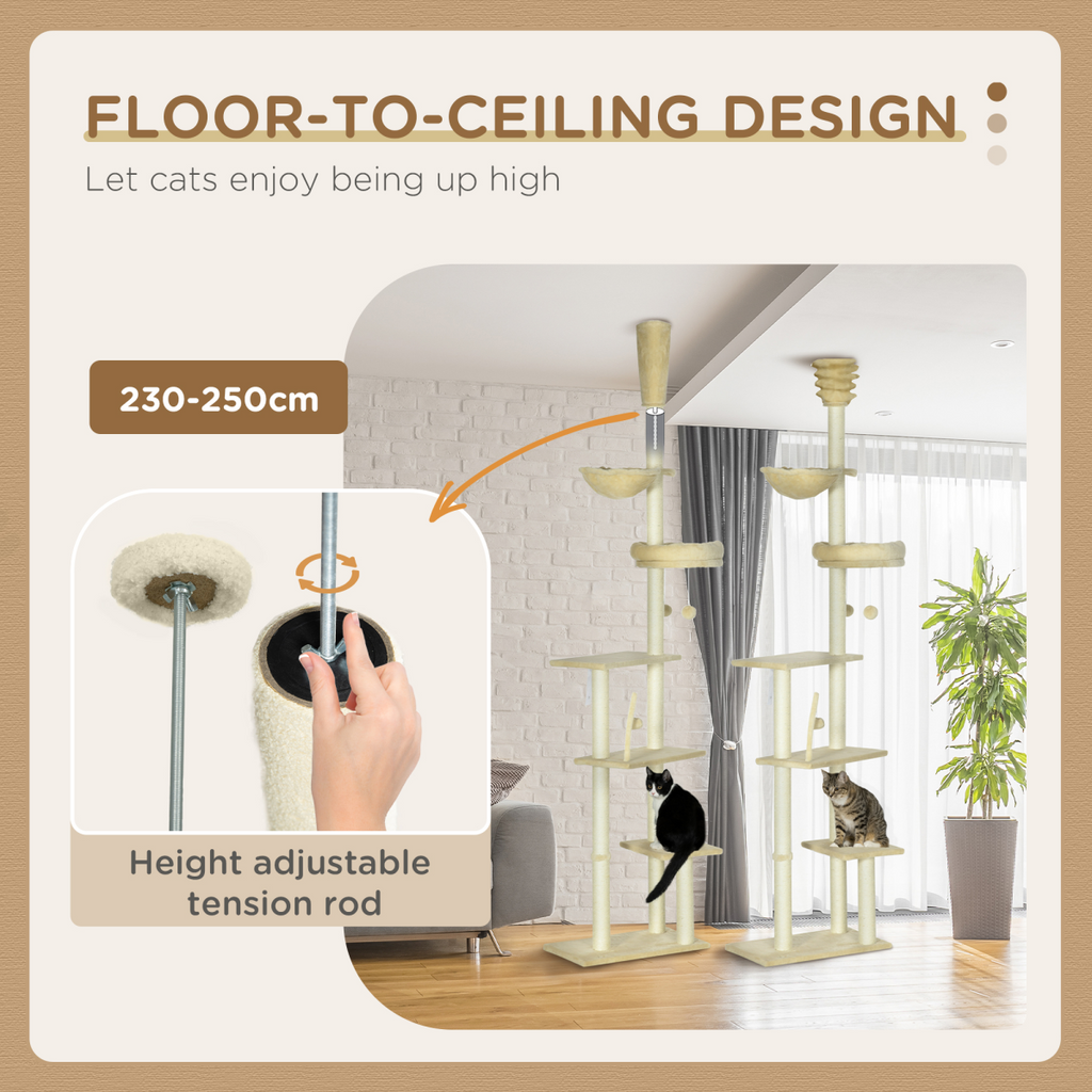 6-Tier Floor to Ceiling Cat Tree with Scratching Post, Bed, Hammock, Beige