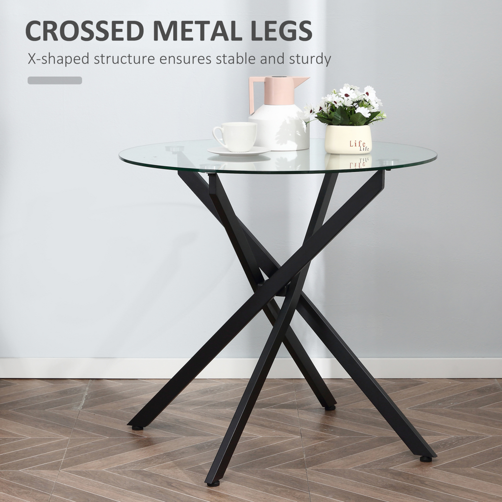 HOMCOM Clear Glass Side Table Round Metal Dining Table Dining Black