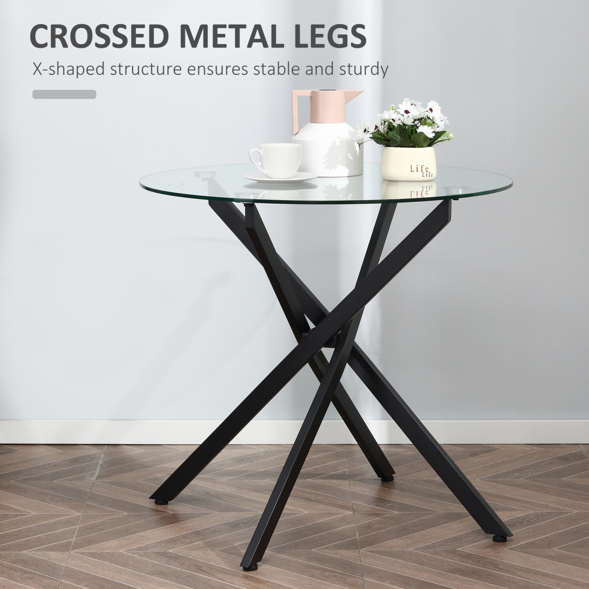 HOMCOM Clear Glass Side Table Round Metal Dining Table Dining Black