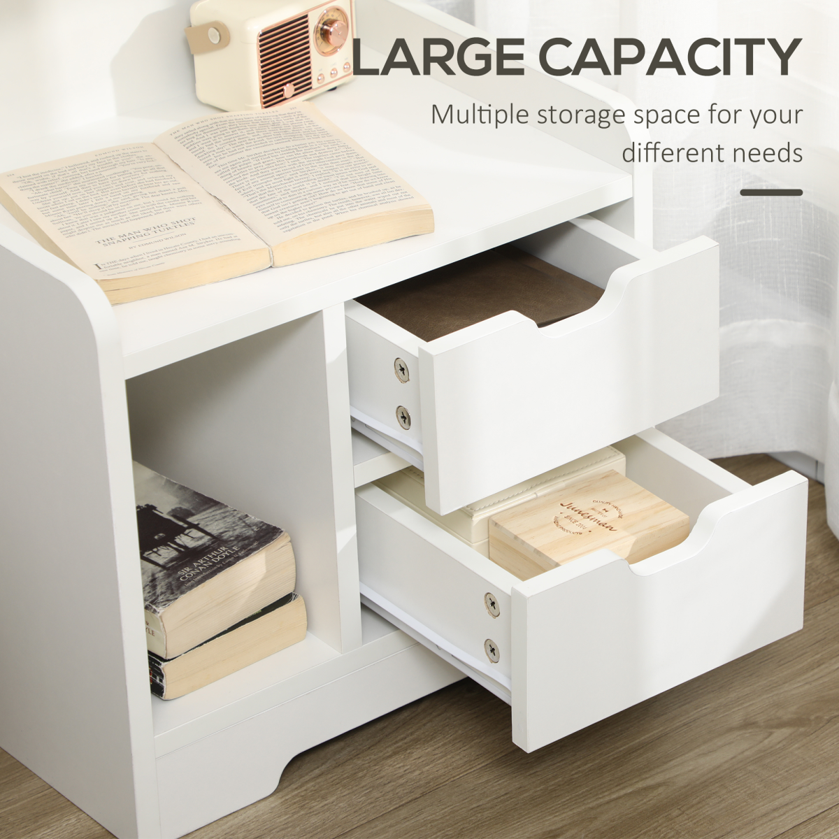 HOMCOM Modern Bedside Table w/2 Drawer and Storage Shelves Chest for Bedroom