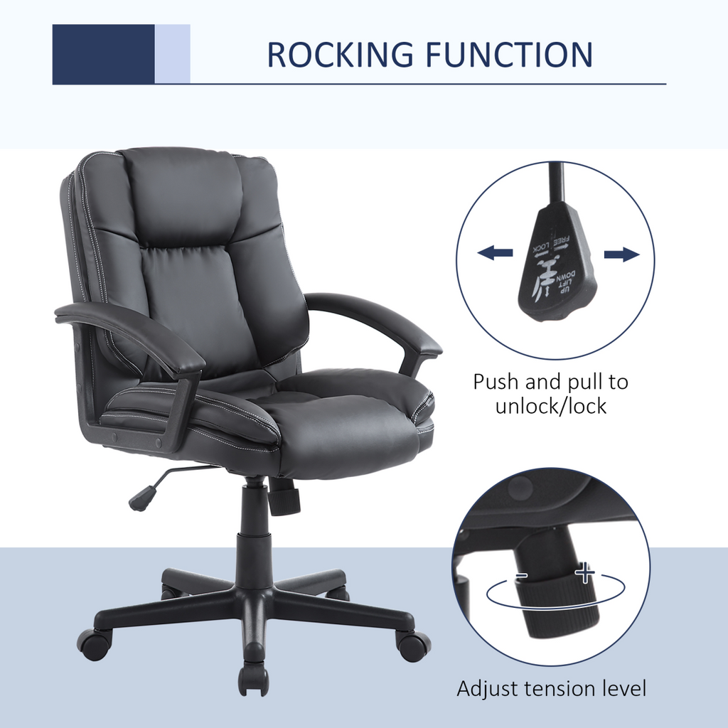 Swivel Executive Office Chair Mid Back PU Leather Chair with Arm, Black HOMCOM