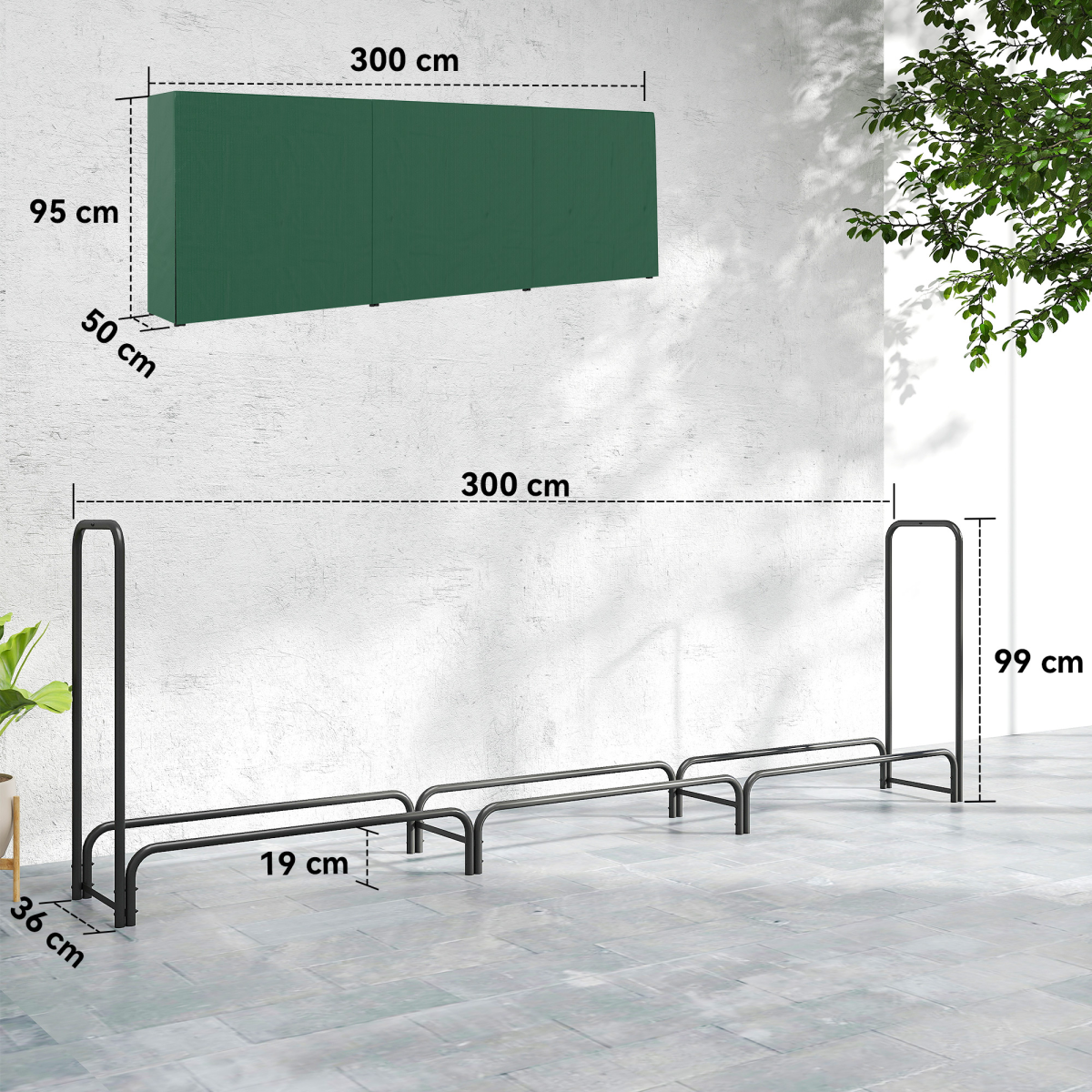 Outsunny Metal Firewood Rack, Log Holder, 300 x 36 x 99 cm, Dark Green