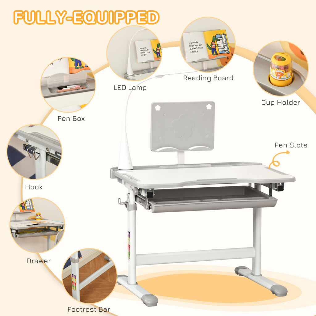 Kids Study Desk and Chair Set w/ USB Lamp, Adjustable Height - Grey