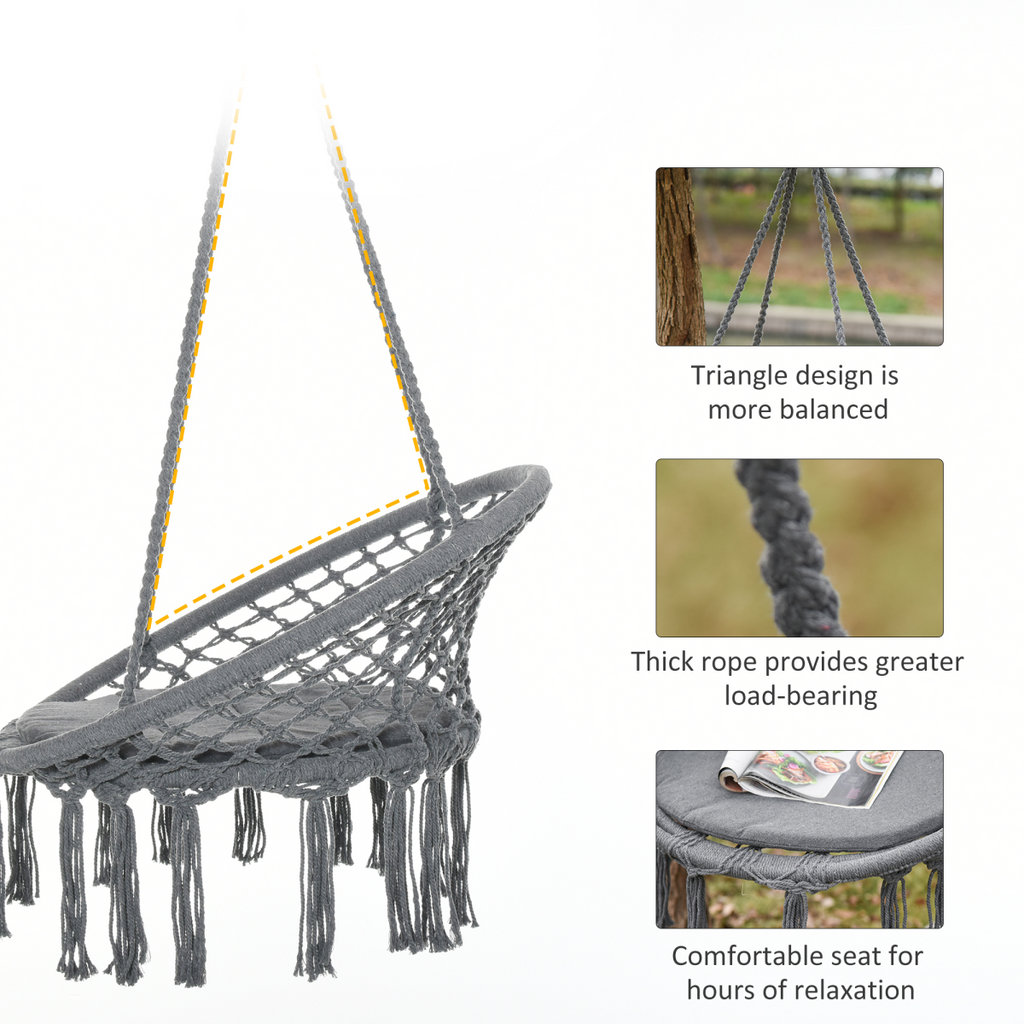 Cotton-Polyester Blend Macrame Hanging Chair Swing Hammock & Backrest, Grey