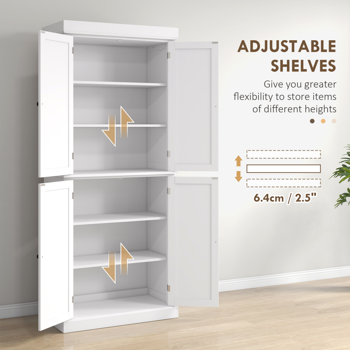 Freestanding Kitchen Cupboard, 6-Tier Cabinet Organizer w/ 4 Adjustable, White