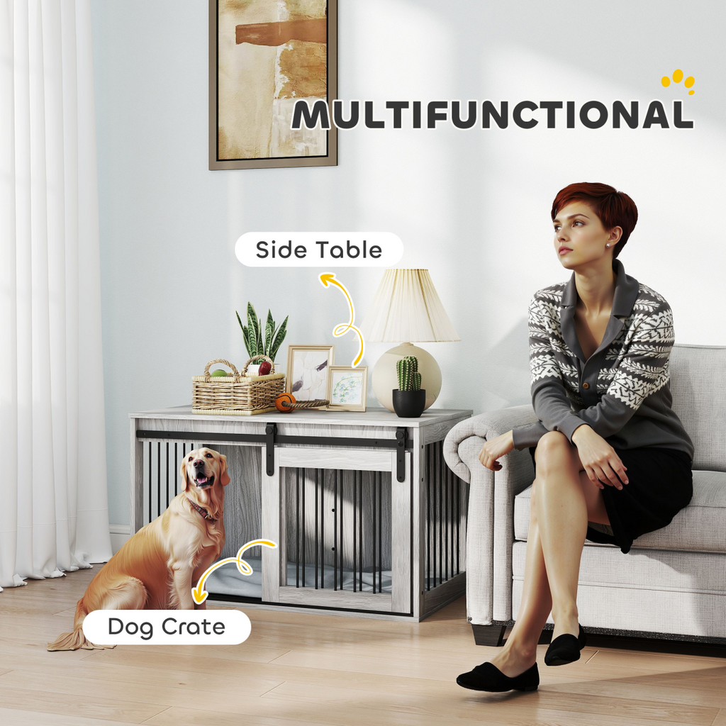 PawHut Dog Crate Furniture with Removable Cushion for Large Dogs - Grey