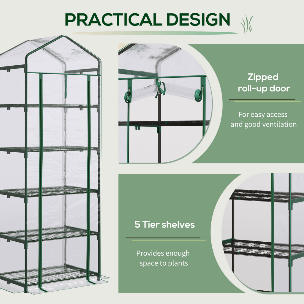 5 Tier Greenhouse OutdoorPortable Shed Metal Frame Transparent 69x49x193cm