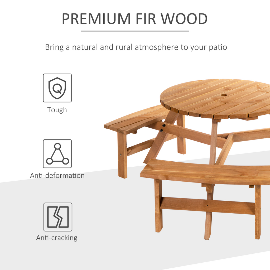 Outsunny Round Table with 3 Attached Benches-Fir Wood