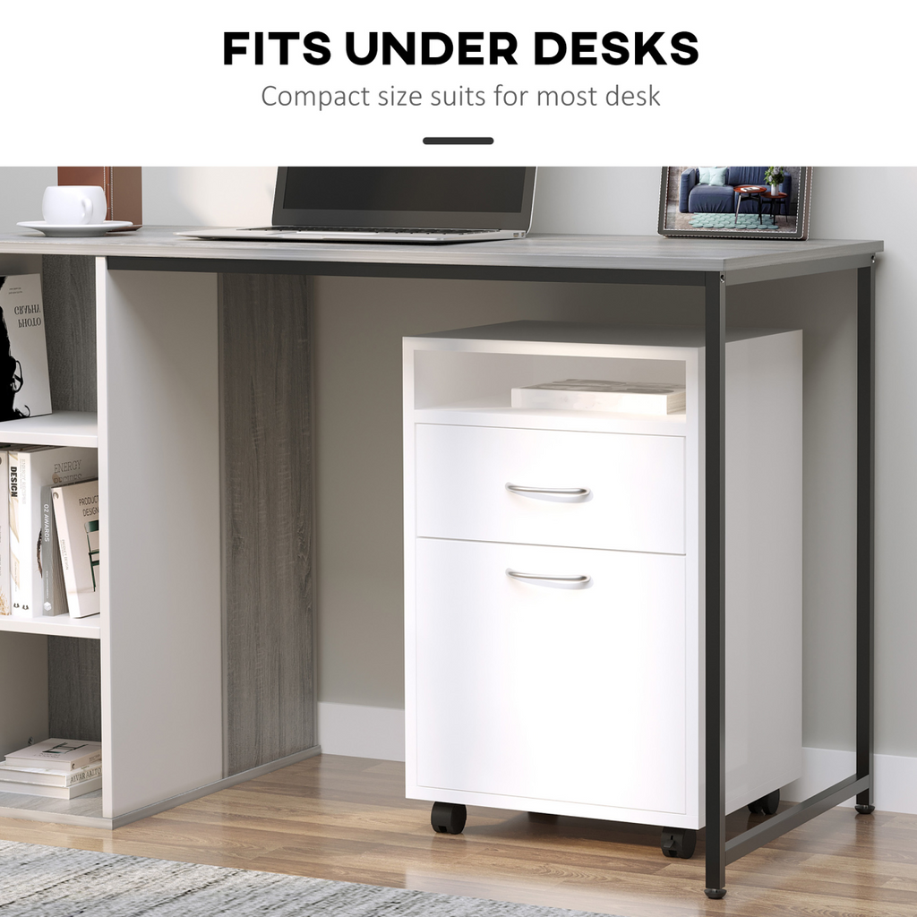 HOMCOM 60cm Storage Cabinet w/ Drawer Open Shelf Metal Handles 4 Wheels White
