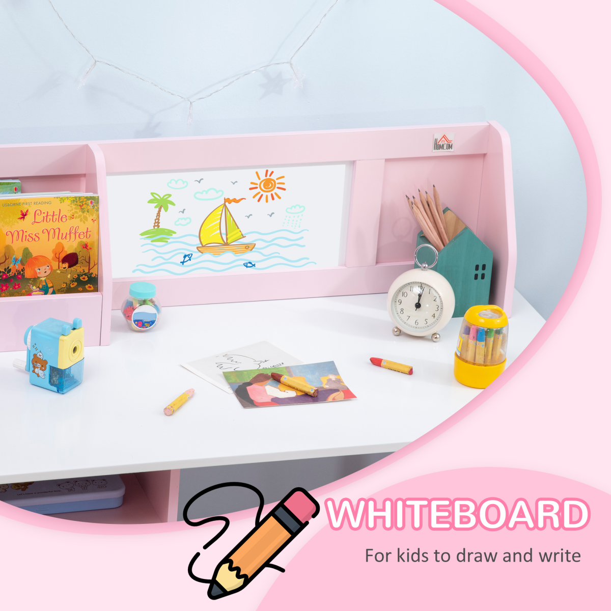 HOMCOM 2 PCs Childrens Table and Chair Set with Whiteboard Storage - Pink