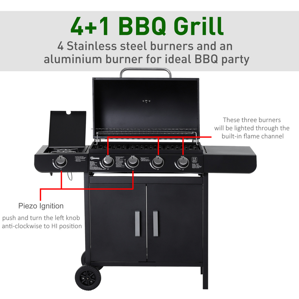 4 Gas BBQ Grill with Wheels, Steel-Black